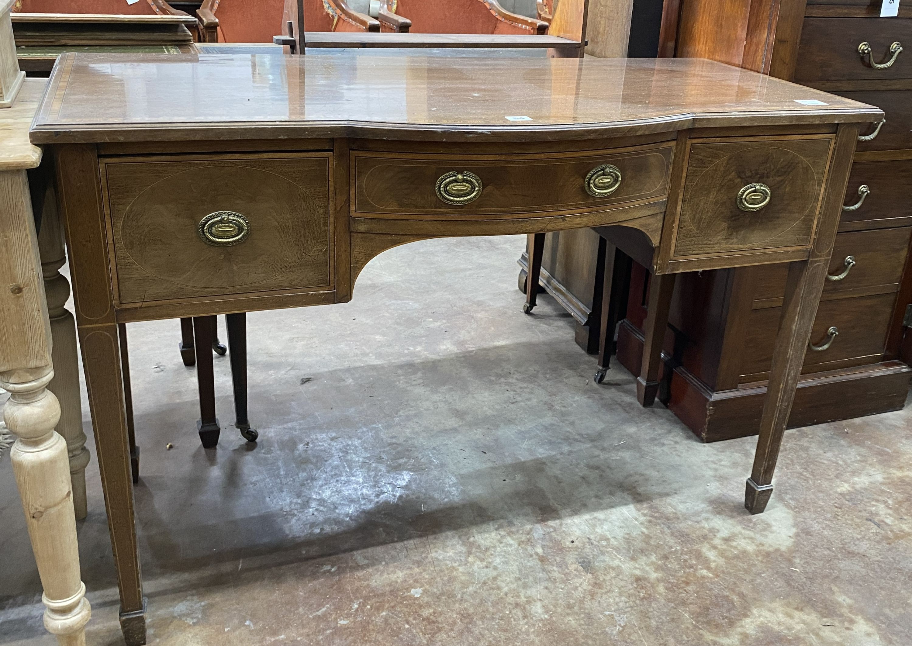 An Edwardian satinwood banded mahogany bow front side table, width 116cm, depth 53cm, height 76cm